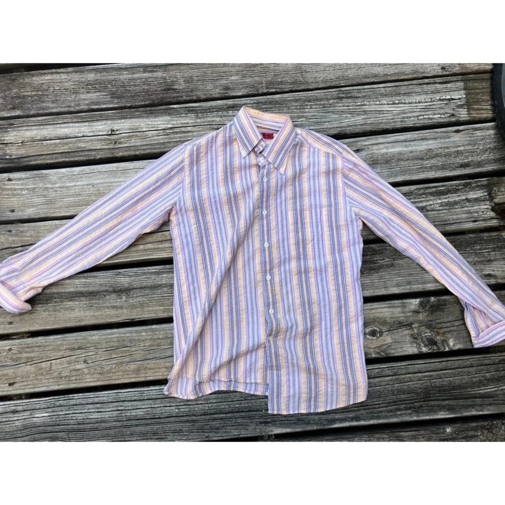 Abba Italy Shirt Med Colorful Striped Casual Button Up Long Sleeve Mens